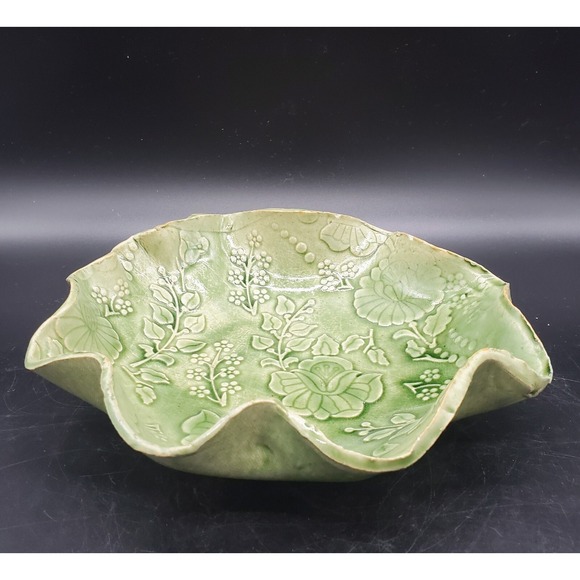 Handmade Other - Handmade Art Pottery Green Ceramic Bowl Textured Flowers 8.75" Signed Amy